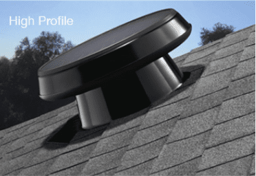 An attic fan showing an example of the high-profile roof mount. The attic fan sits parallel with the grey roof.