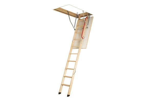 Fully extended wooden loft ladder